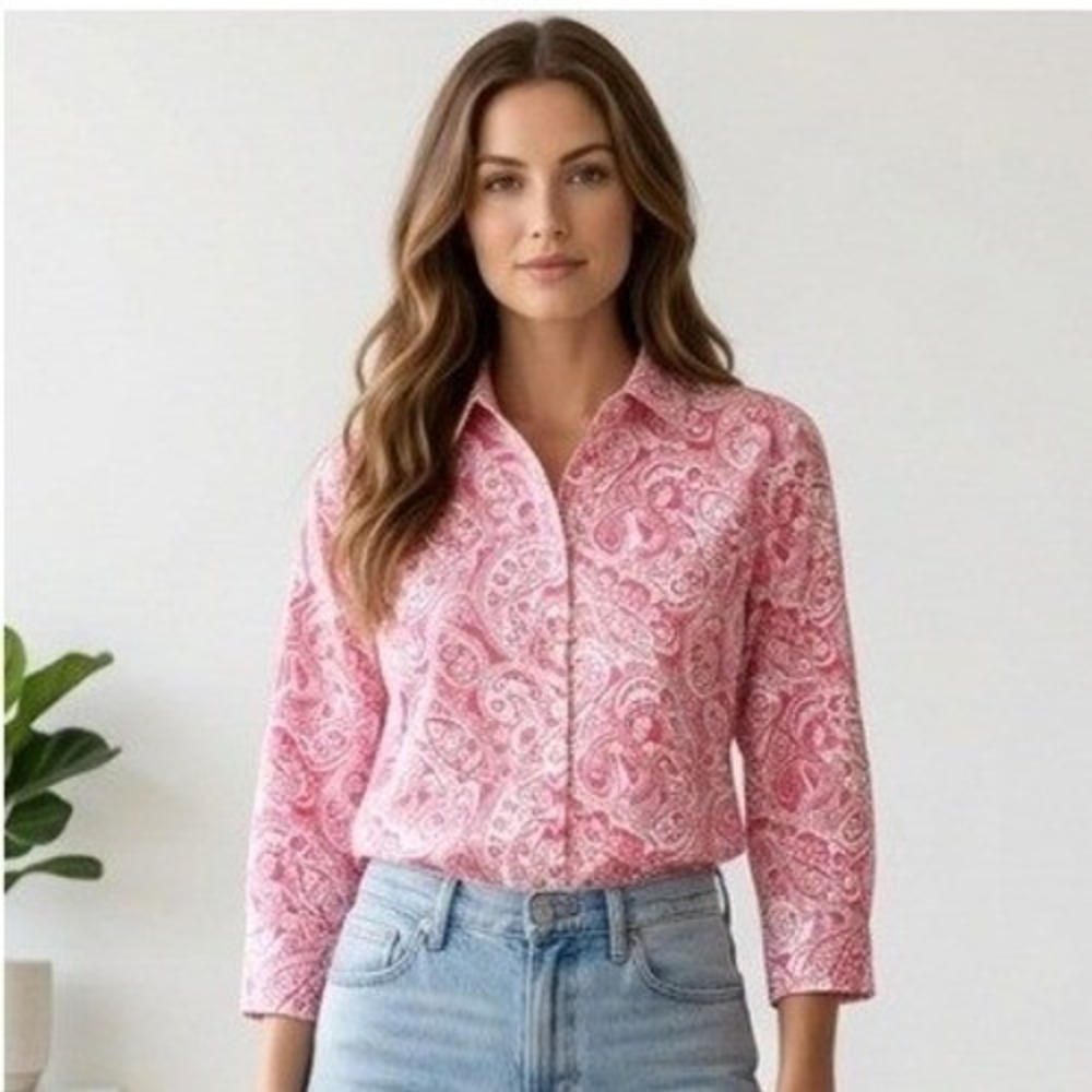 Talbots Button Down Shirt Womens 14W Pink Paisley Non Iron 3/4 Sleeve